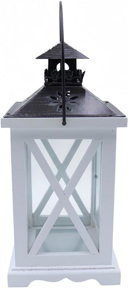 Houten Kaars Lantaarn Rustieke Boerderij Kaarshouder met Glas Vintage Decor, Wit