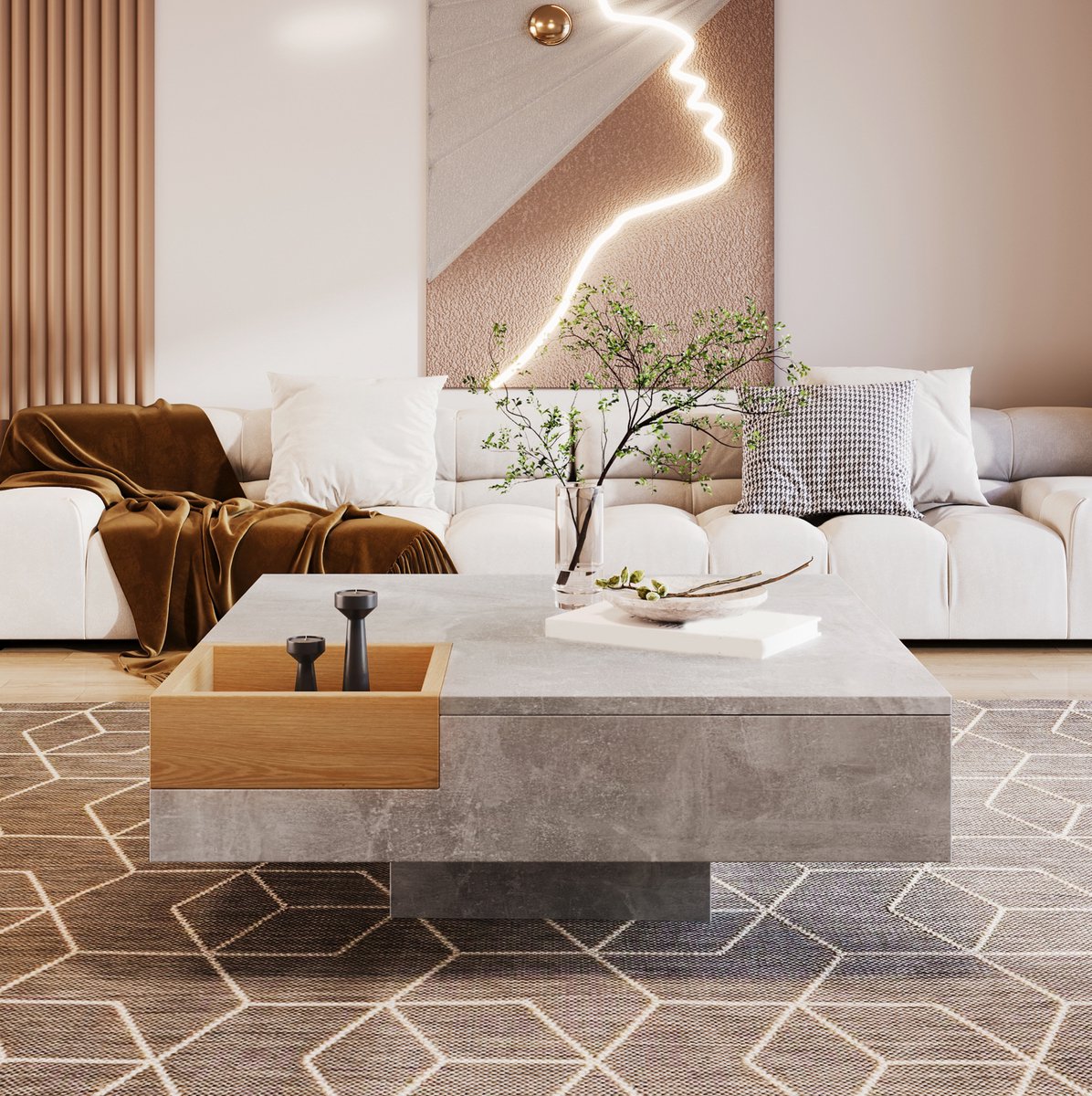 MEUNIQ Salontafel 72 x 72 x 30 cm met uitneembare opbergbox, betonlook in grijs en houtkleur, vierkante woonkamer koffietafel van spaanplaat Betongrijs en houtkleur