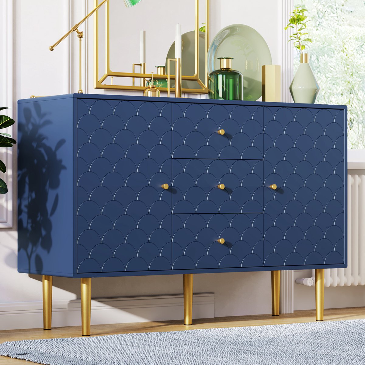 MEUNIQ Dressoir met 2 deuren en 3 lades, verstelbare plank en visgraatmotief, 120 x 40 x 83 cm, marineblauw sideboard voor woonkamer of slaapkamer