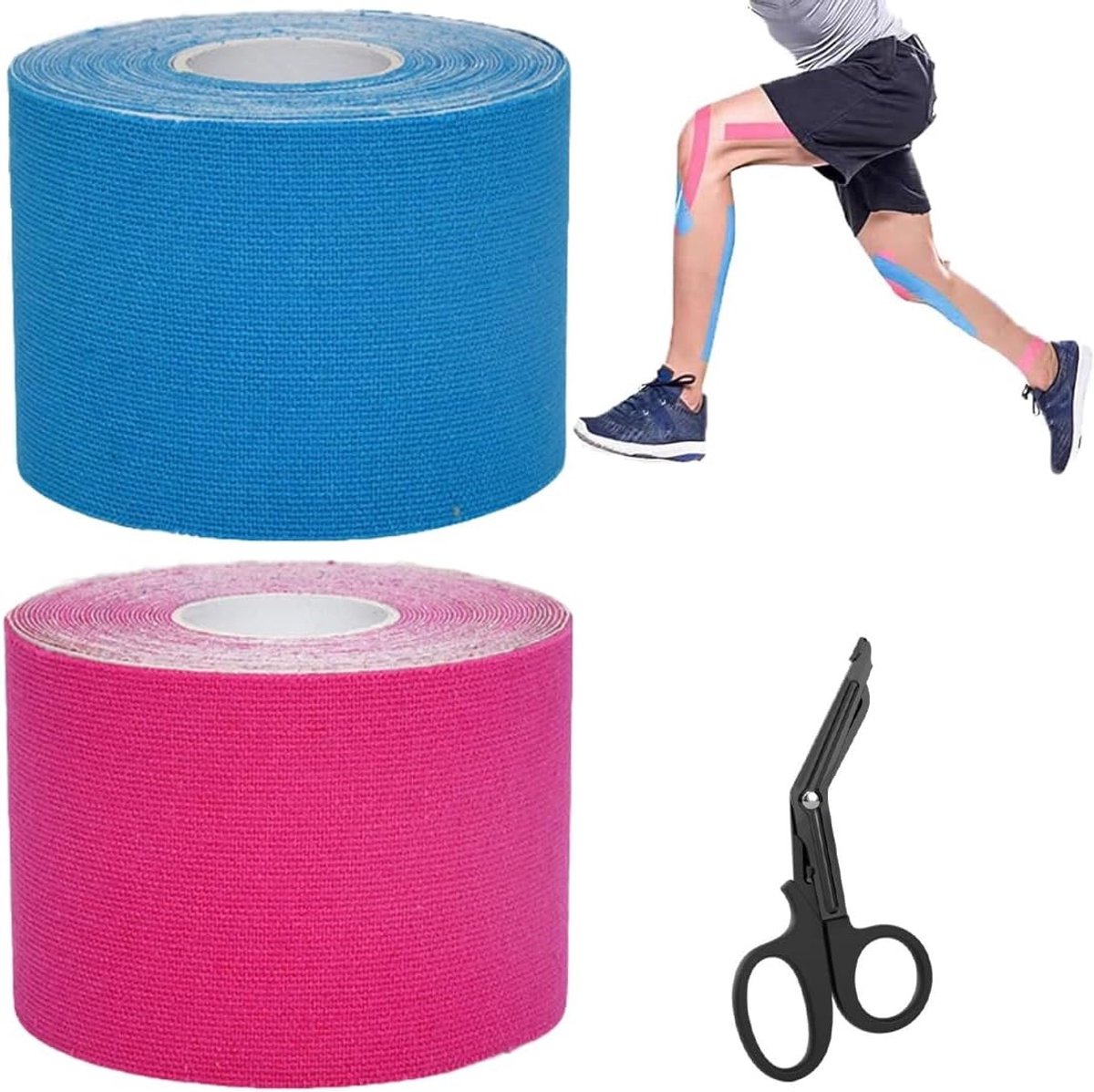 Kinesiotape Set van 2 Rollen - 5m Elastische en Waterdichte Fysiotape voor Pijnverlichting in Knieën, Ellebogen en Schouders - Inclusief Gratis Schaar en in Blauwe en Roze Kleuren