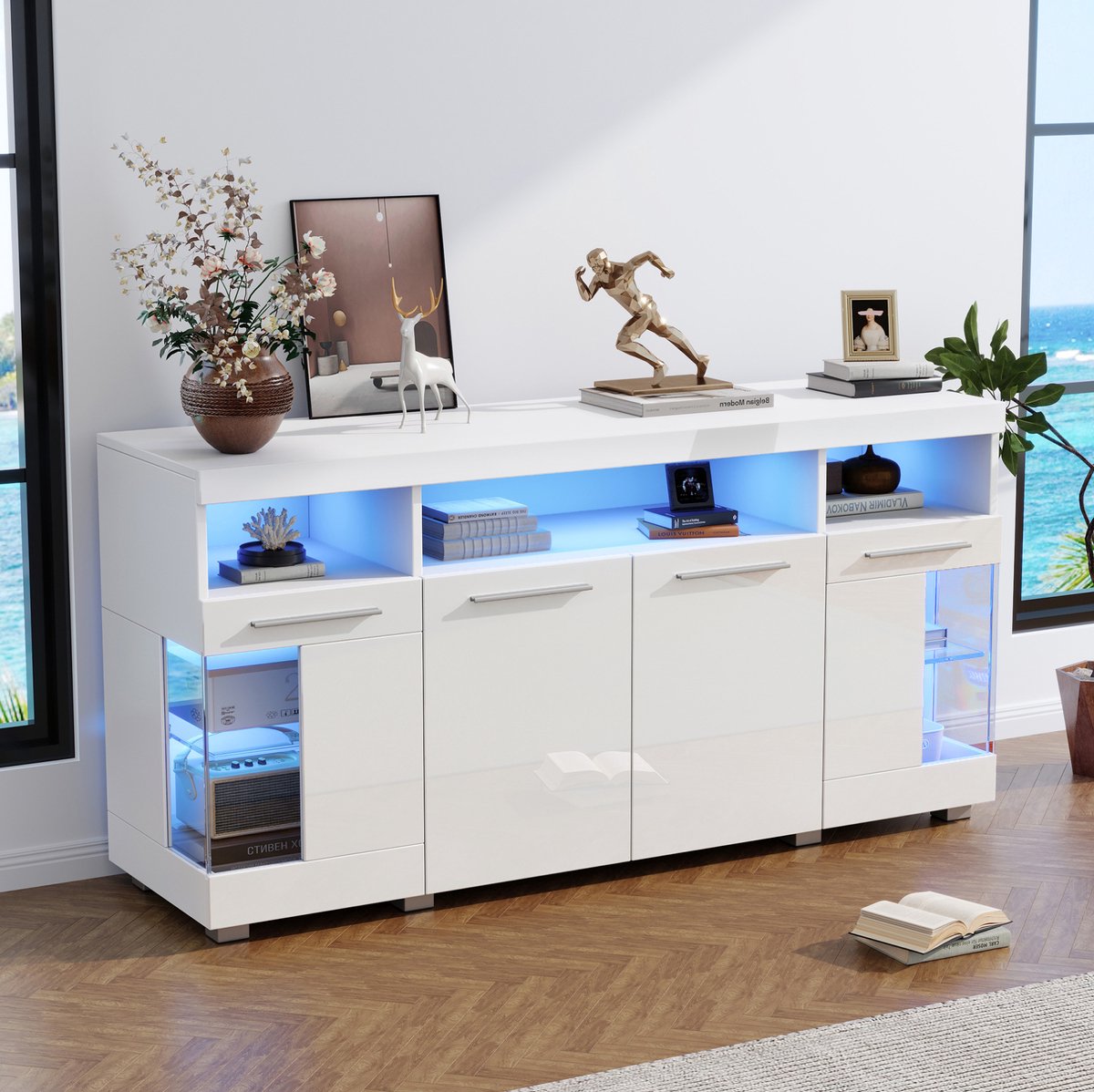 MEUNIQ dressoir 140 x 40 x 70 cm met 4 hoogglans deuren, gehard glas, 3 lades, 6 vakken en ledverlichting voor de woonkamer - Wit