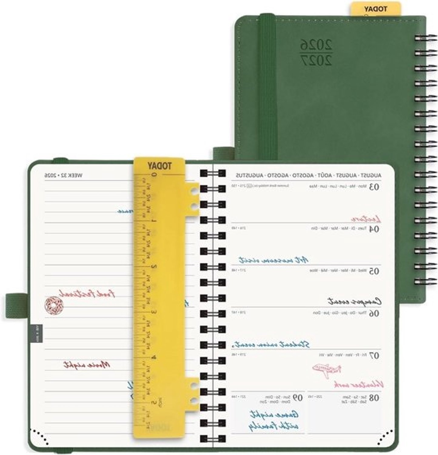 POPRUN Agenda Pocket 2026 2027 - A6-weekplanner en notitieboek van aug'26 - dec'27 - 16 x 10,5 cm - Zachte spiraalbinding, kaft, papier 80 GSM, liniaal - Groen