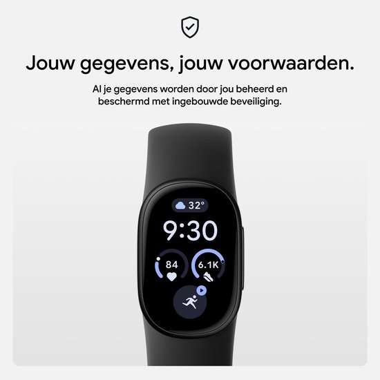 Zwarte Fitbit Edge smartwatch met digitaal scherm dat tijd, temperatuur en gezondheidsstatistieken toont.