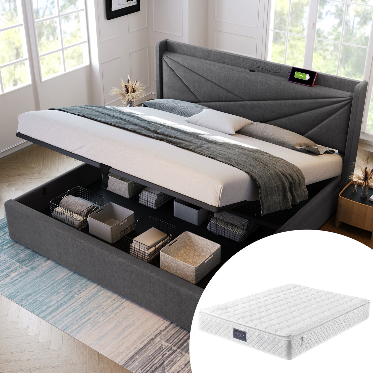 Tweepersoonsbed 160x200 cm - Gestoffeerd Bed Met Opbergruimte, USB En USB-C - Grijs Linnenlook Met Lattenbodem En Matras