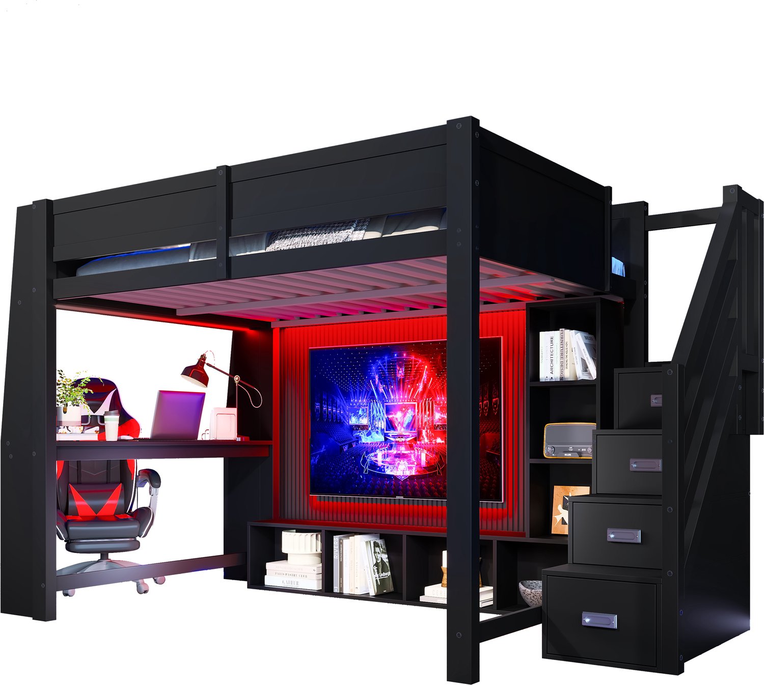 MUVANO Houten hoogslaper met bureau - Multifunctioneel bed - Met trap en kasten - Zwarte hoogslaper 140x200 - 140x200 cm - Studeren - Kinderkamer Zwart