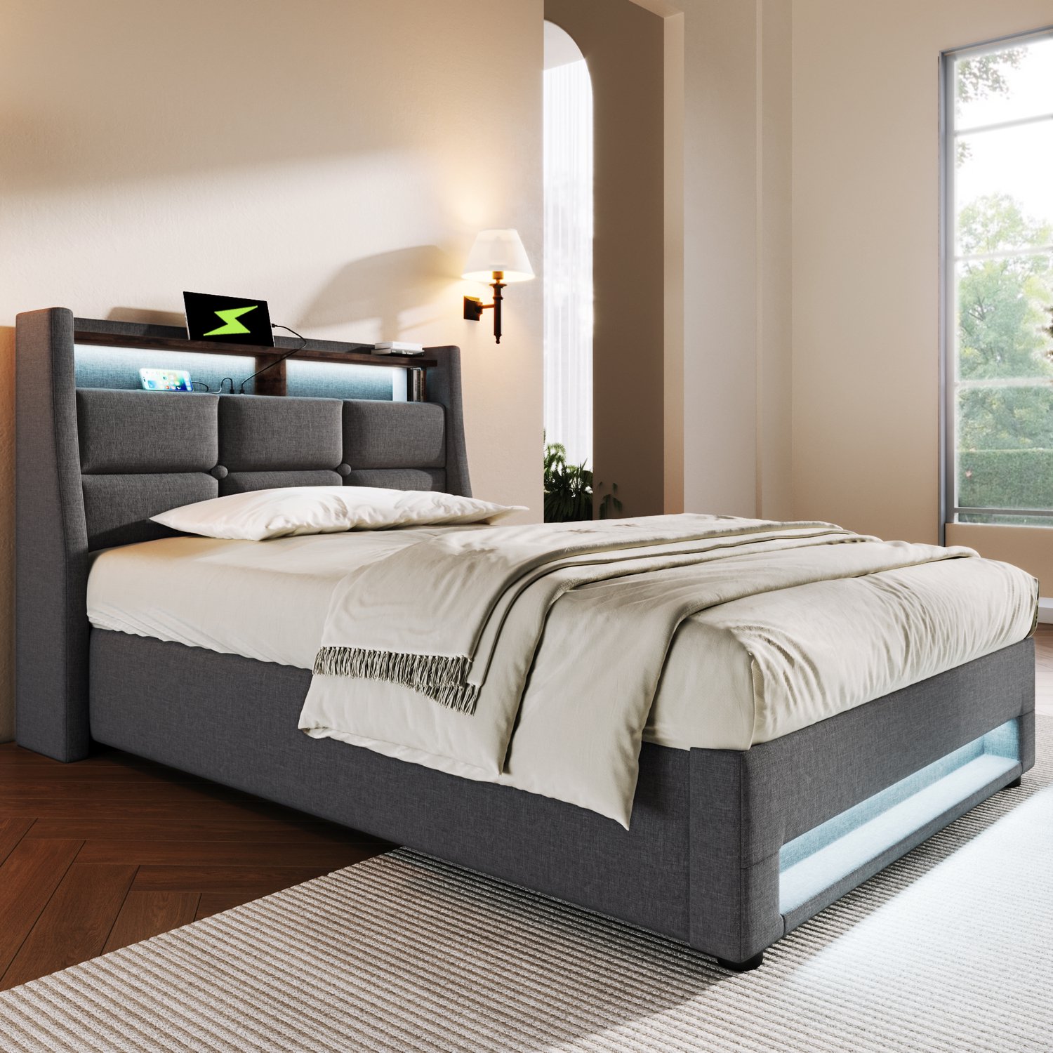 Gestoffeerd Bed 90x200 cm - Eenpersoonsbed Met LEDverlichting En USB-aansluiting - Grijs Linnen Bedframe Met Opbergruimte En Matras