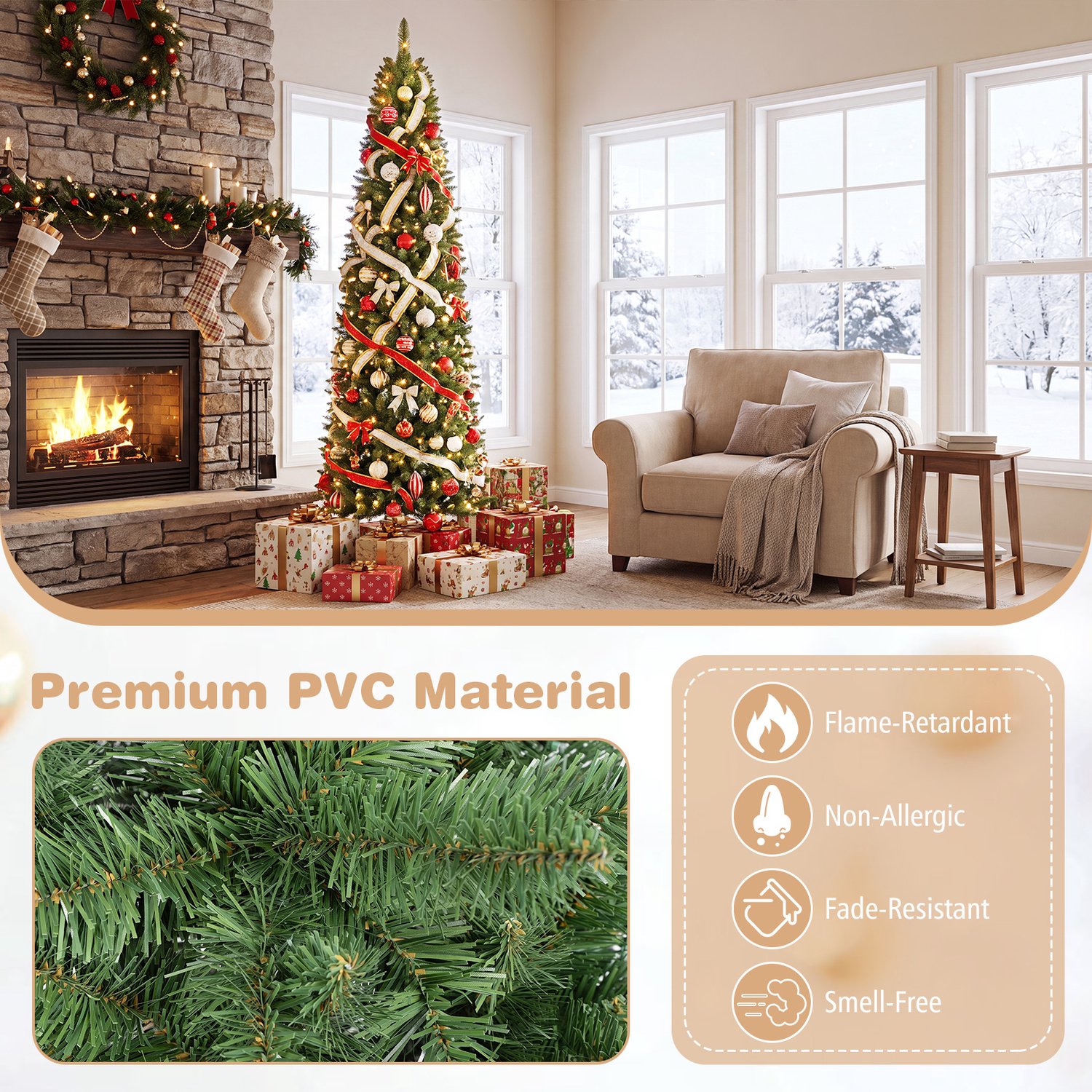 COSTWAY 200 cm Kunstkerstboom smal met verlichting - 708 takken - 250 warmwitte LED-lampjes - Metalen Standaard - Snelle Montage – foto 2