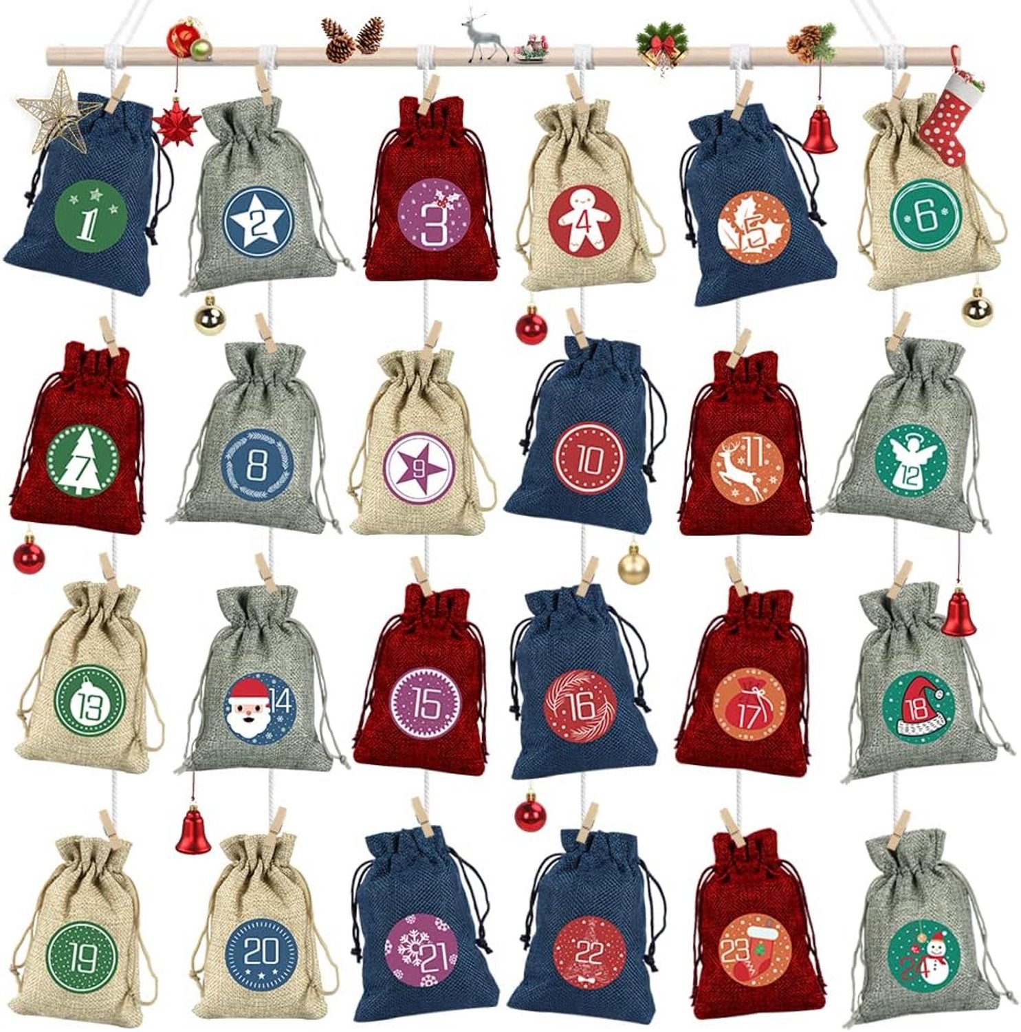 Adventskalender stoffen tas 14 x 10 cm - jute tas - 24 zakken met cijfers - maak een unieke kerstkalender - m-winkel