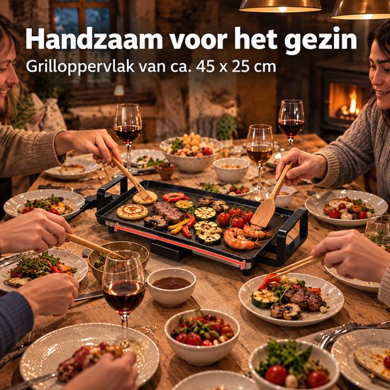 Cheqo® Elektrische Bakplaat 45 cm - Teppanyaki Grill - Grillplaat - Tafelgrill - Gourmetplaat - Plancha - Japanse Grill - Pannenkoekenplaat - Regelbare Thermostaat - PFAS-Vrije Anti-Aanbaklaag - Opvangbakje - Cool Touch Handgrepen — afbeelding 2
