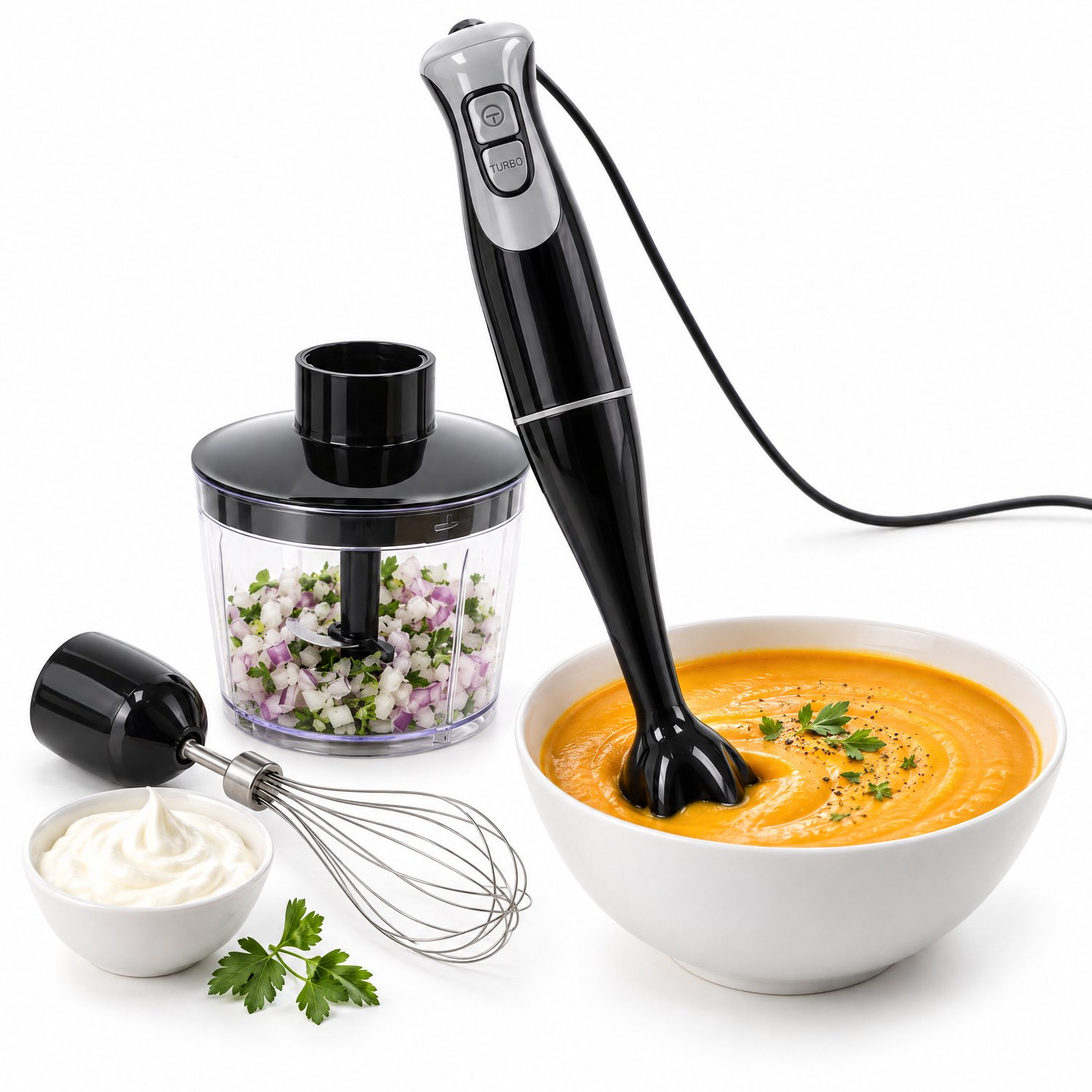 Cheqo® Staafmixer Set 300W met Garde en Hakmolen - Staafmixerset - Handblender met Turbofunctie - Staafblender - Pureerstaaf voor Soep - Hakselaar - Klopper - RVS Messen - 2 Snelheden - Mixer Set - Smoothie Mixer - Keukenmixer - Zwart Grijs