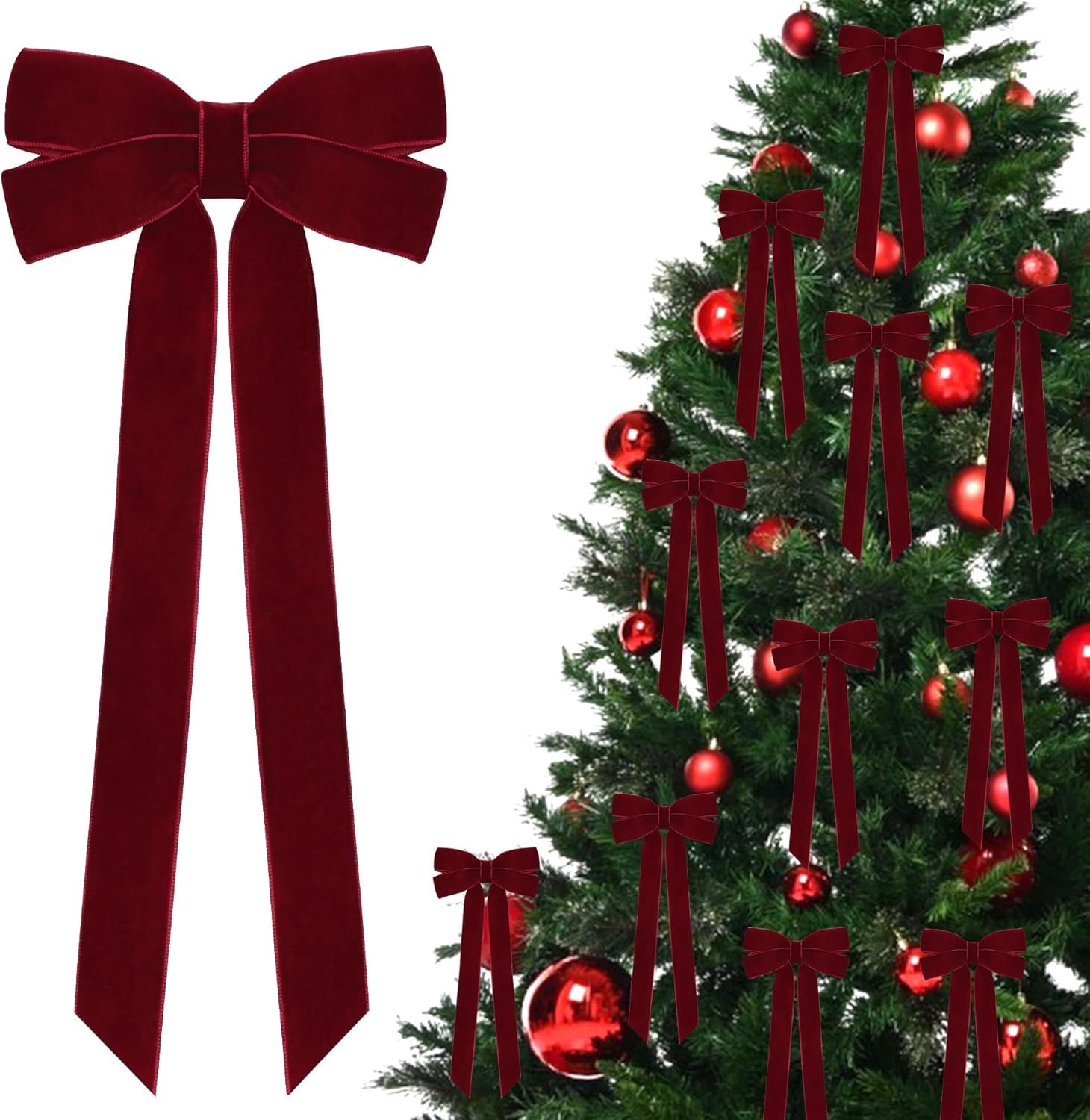 12 bordeauxrode fluwelen strikken - Kerststrikken Decoratie - Vintage stijl - Feestelijke Strikken - Voor kerstboom, huis, feest, voordeur, krans, slinger, vakantiedecoratie - Duurzaam Fluweel - Bourgondische vintage - 12,7 x 25,4 cm