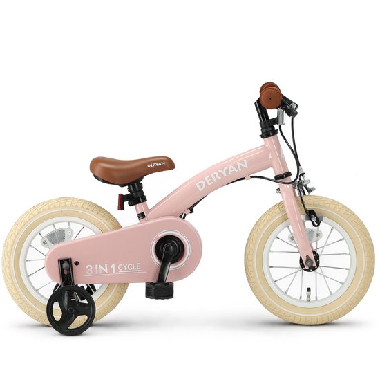 Zijaanzicht van de roze Deryan 3-in-1 kinderfiets met bruin zadel, zijwieltjes en beige banden.