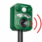 Detailopname MartGuard verjager met rood ultrasoon geluidssignaal op paal.