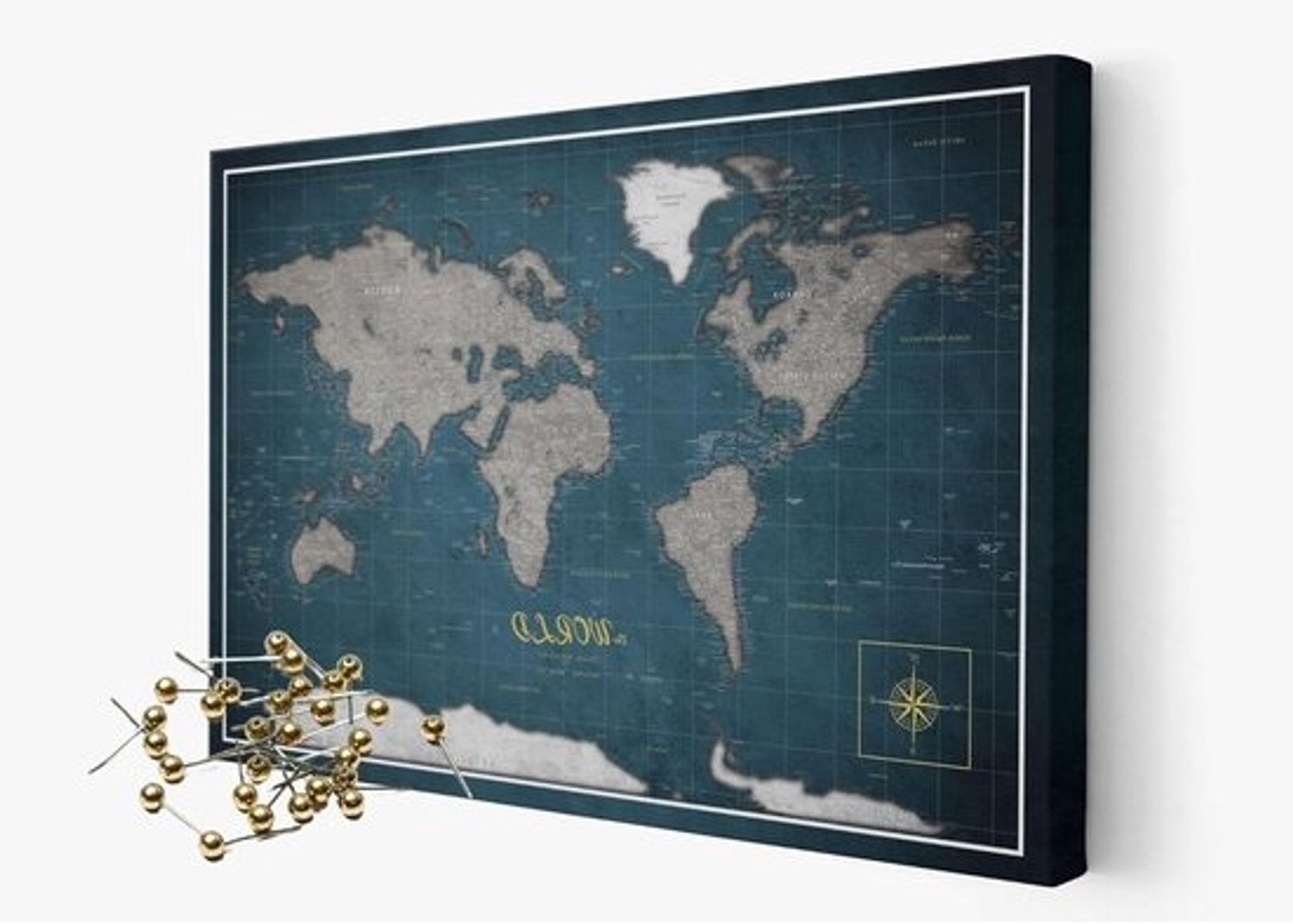 Wereldkaart Prikbord - Wandkaart voor Reizen - Reizen Markeren - Met Gouden Pins - 60 x 40 cm - Old Map
