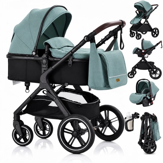 Overzicht van de groene 3-in-1 kinderwagen met autostoel, luiertas en verschillende standen.