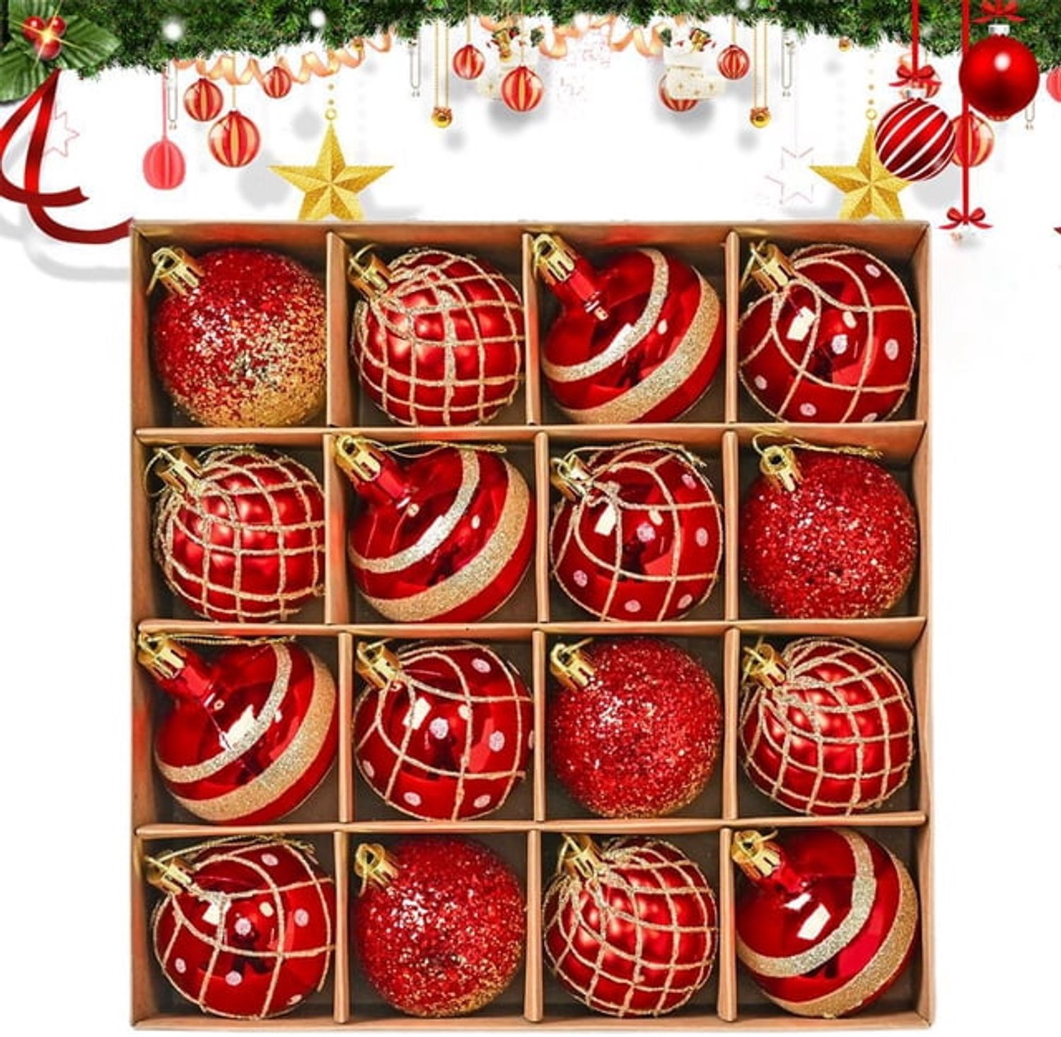 Kerstballen Set 16 Stuks, 6 cm, Rode Kerstboomdecoratie met Verschillende Patronen, Hangende Kerstversiering voor Boom, Krans en Slinger