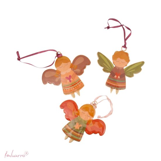 Imbarro - Ornament - Handgemaakt - Set van 3 - Hanger - Engel - Noelia -Kerst - 9 cm x 8,5 cm