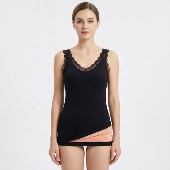 Débardeur thermique noir côtelé avec col en V en dentelle et doublure rose sur fond blanc.