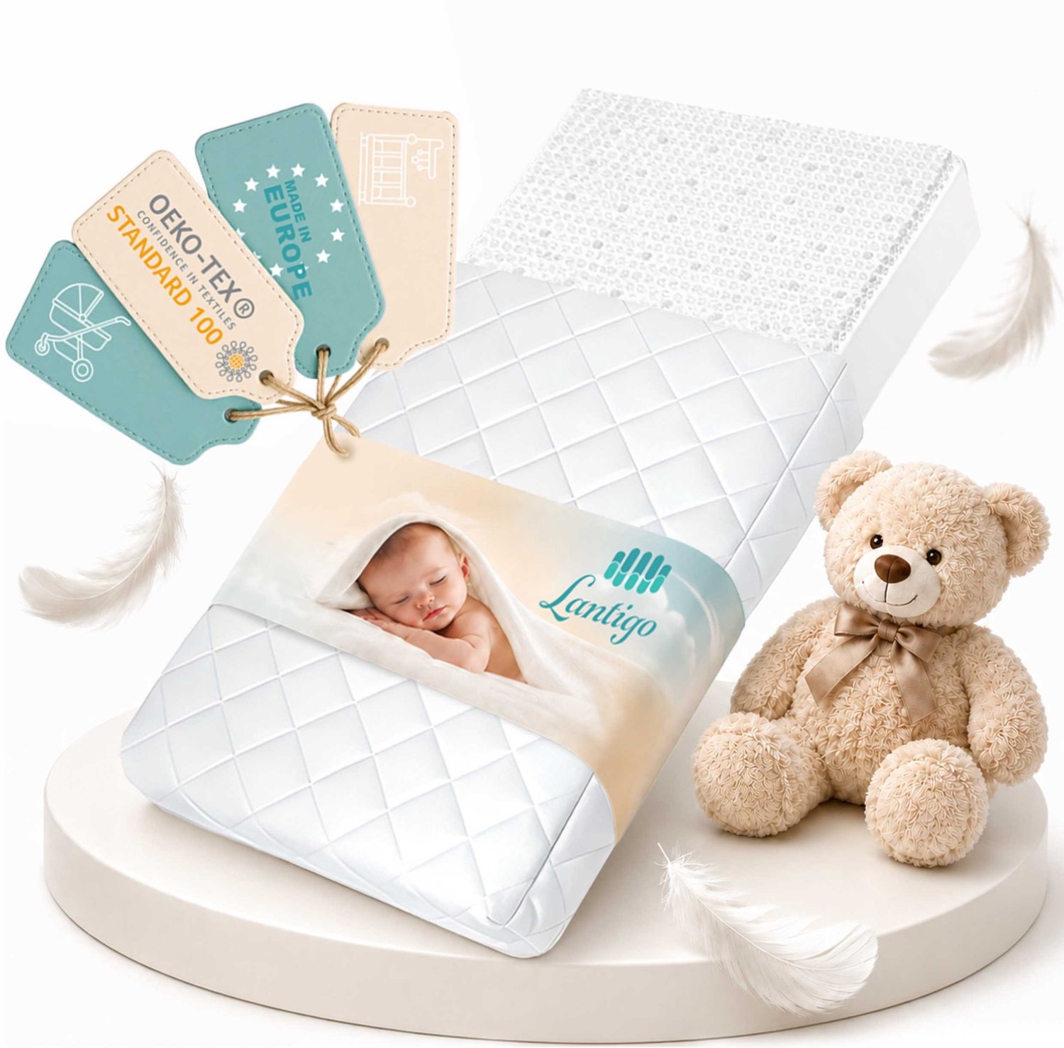 Lantigo AERO Babymatras 70x140 cm Ademend voor Kinderbed | Duurzame 2-Zijdig Air Plus Matras voor Peuters, Hypoallergeen, Aloe Vera, Wasbaar