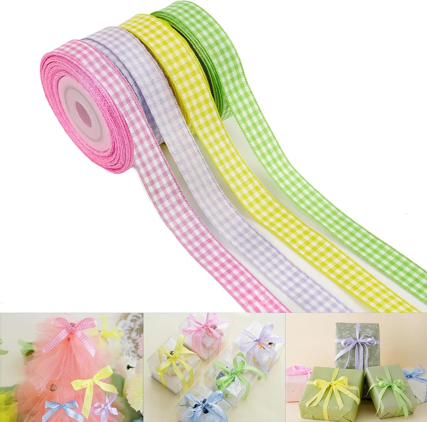 Paaslint 4 stuks - geruite polyesterlinten - 5 kleuren - ideaal voor cadeauverpakkingen - Vemera