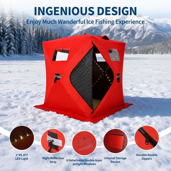 Pop-up-tent voor ijsvissen – voor 2-3 personen – rood – 180 x 180 x 197 cm – ruime binnenruimte – waterdicht – snel op te zetten — afbeelding 4
