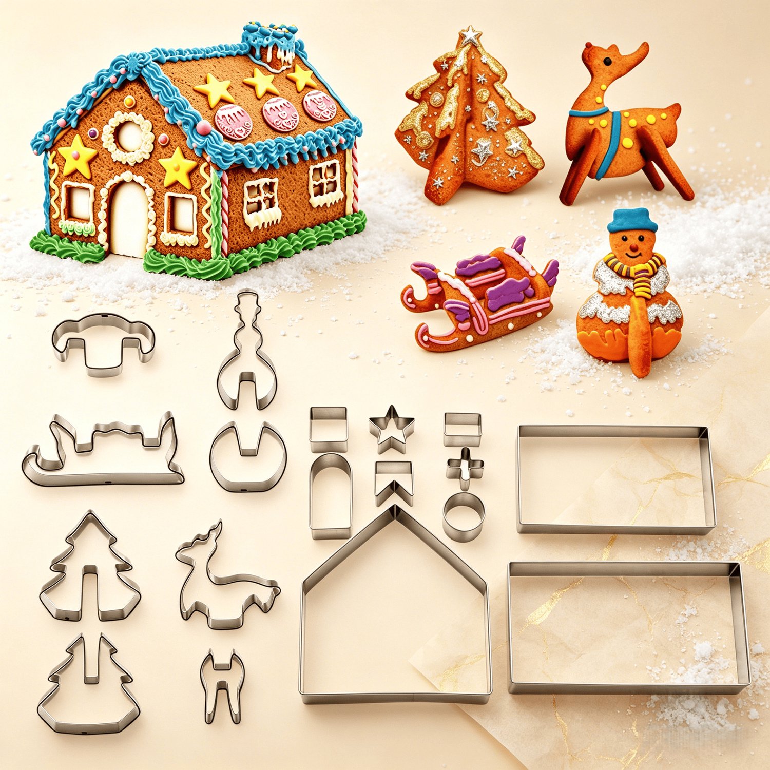 18-delige set kerstkoekjesvormpjes – Roestvrijstalen 3D-koekjesvormpjes – Bakbenodigdheden voor peperkoekhuisjes – Set fondantuitstekers – Verpakt in geschenkdoos