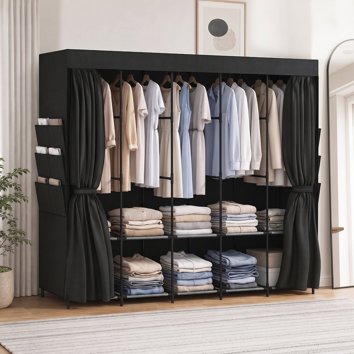sogiol Stoffen Kledingkast met 5 kledingroedes - 5 planken - 6 zijvakken en stofwerende deuren met ritssluiting - 212x45x167 cm - Zwart