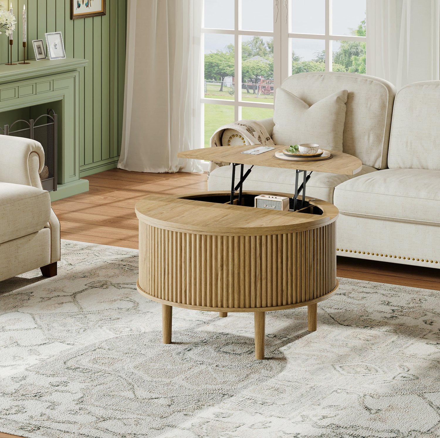 OKWISH Salontafel - Opklapbaar En Hoogteverstelbaar - Verborgen Opbergruimte - Naturel Spaanplaat - Rond 80 x 80 x 50 cm