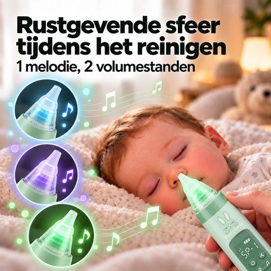 Hunnybunny - Elektrische Neusreiniger Baby - 3 Krachtige Zuigstanden - Gekleurde Verlichting - Inclusief 4-delig Verzorgingssetje — afbeelding 5