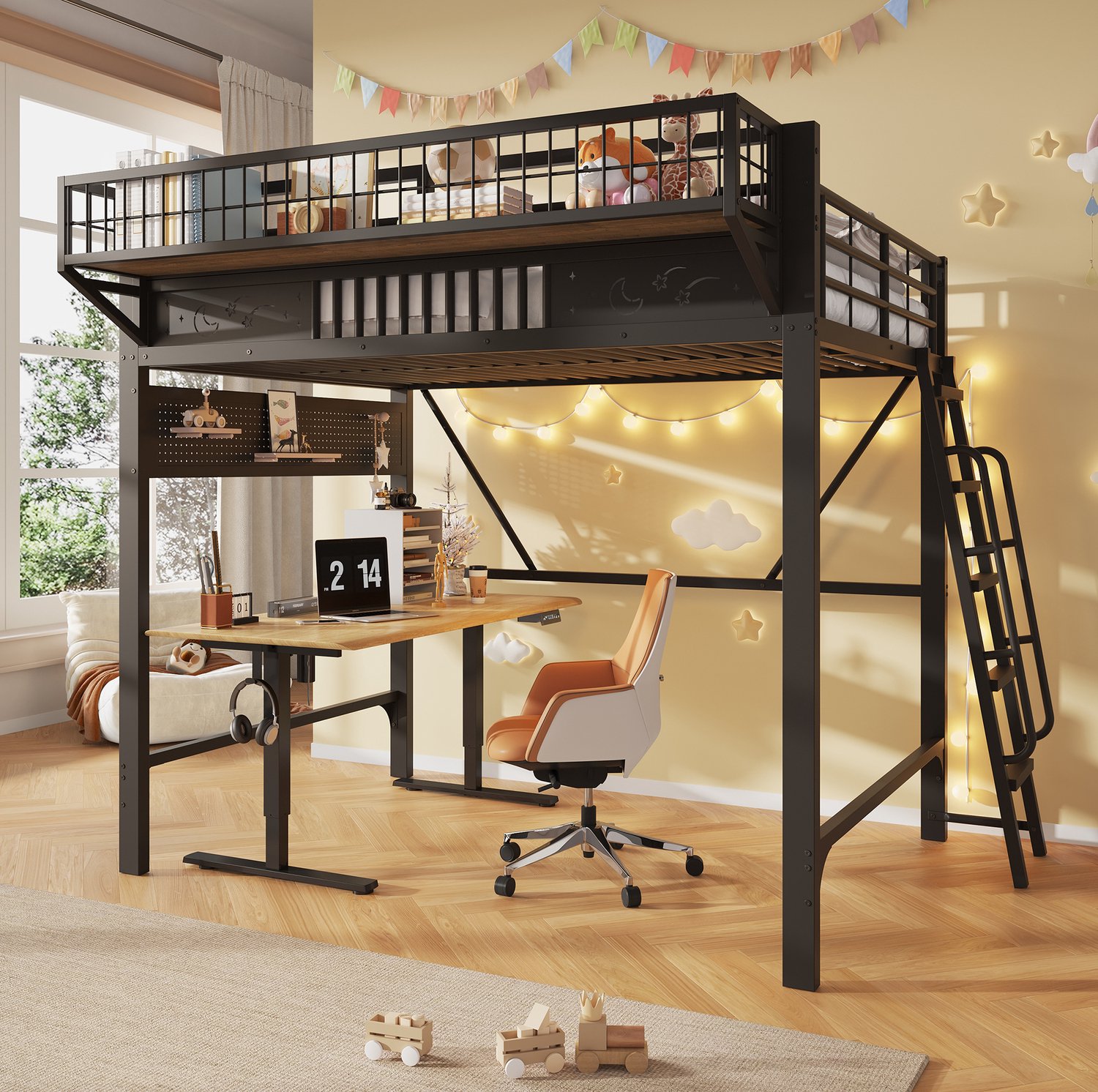 Wishdor Hoogslaper 140 x 200 cm - Metalen bedframe - Open onderruimte met opbergvakken - Ladder links of rechts te monteren - Sterren- en maanpatroon - Slaapkamer - Zwart