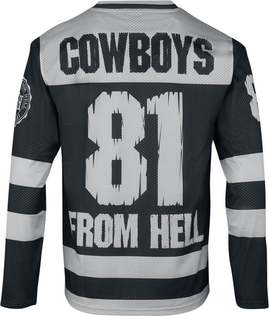 Achterkant van het Pantera hockeyshirt met 'COWBOYS FROM HELL' en het nummer 81 in het wit op zwarte meshstof.