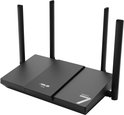 Schuin vooraanzicht van de zwarte ASUS router met tekst WiFi 7 en ASUS logo op de behuizing.