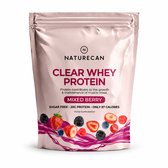 Verpakking Naturecan Clear Whey Protein Smaak Bessen, suikervrij, 20g eiwit, 87 kcal.