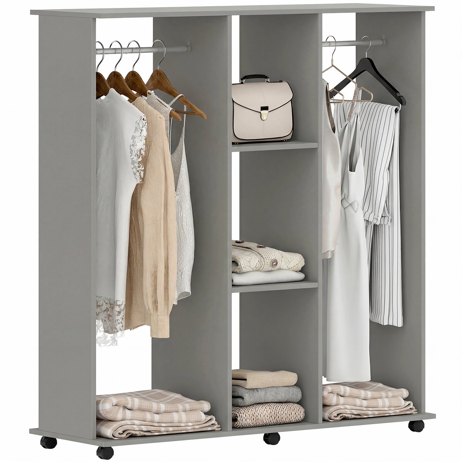 TEKROA® Kledingkast – Verrijdbare opbergkast/hangkast - 6 wielen -120 x 40 x 128 cm - grijs hout