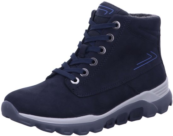 Donkerblauwe Gabor Comfort veterboot met zilverkleurige oogjes, gevoerde binnenkant en tweekleurige zool.
