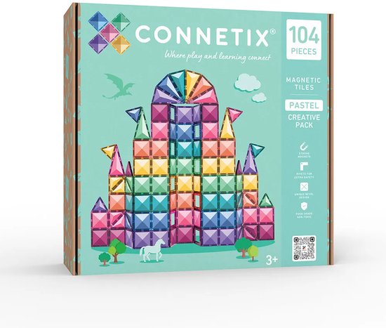 Verpakking van Connetix Pastel Creative Pack met 104 magnetische tegels in diverse pasteltinten en vormen.