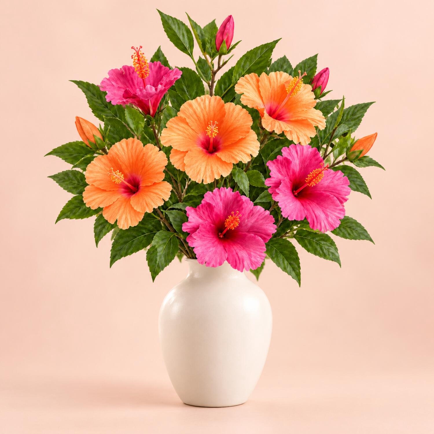 Mica Decorations Boeket Kunstbloemen Hibiscus's - H74 cm - 3 kleuren mix - 6x stelen kunstbloemen - gekleurde bloemetjes Geel