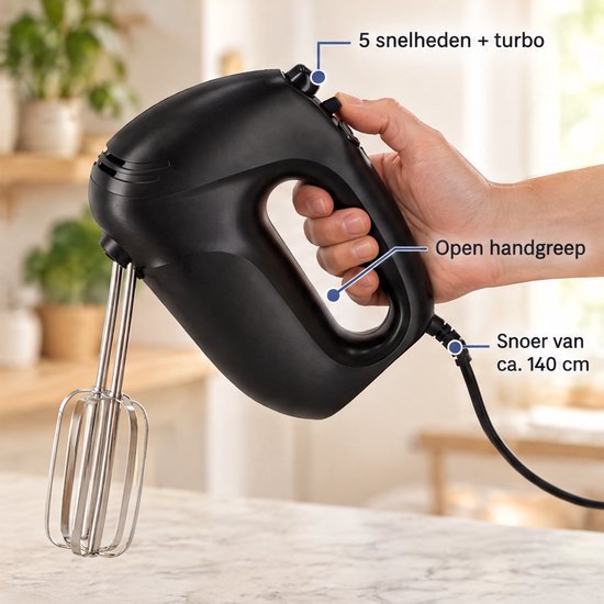 Cheqo® Handmixer Elektrisch met Gardes en Kneedhaken - Keukenmixer - 300W - 5 Snelheden met Turbofunctie - Eierklopper - Elektrische Garde - Mixer voor Beslag, Deeg en Slagroom - Handmixer Zwart - Bakbenodigdheden - Keukenapparatuur van Cheqo — afbeelding 3