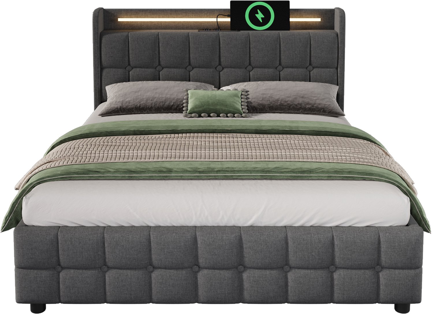 Bed 180x200 cm - Gestoffeerd Bed Met Vier Opberglades, LED-Verlichting En USB-Aansluitingen - Grijs Hoofdbord Met Houten Lattenbodem