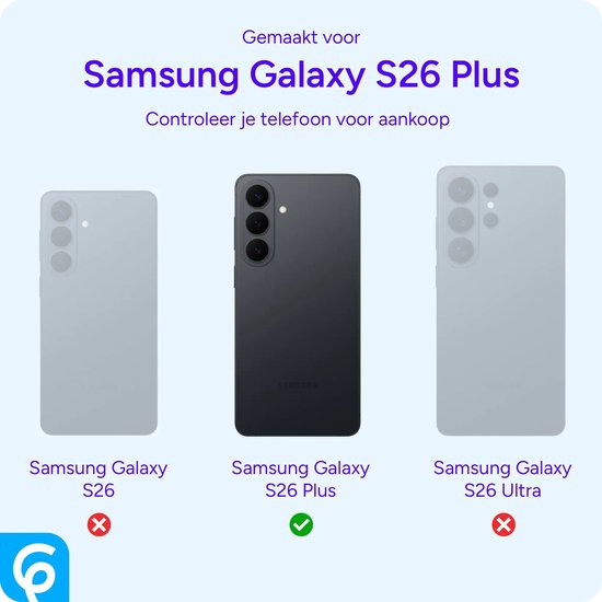 Vergelijking van telefoonformaten: Samsung Galaxy S26, S26 Plus en S26 Ultra. S26 Plus met groen vinkje.