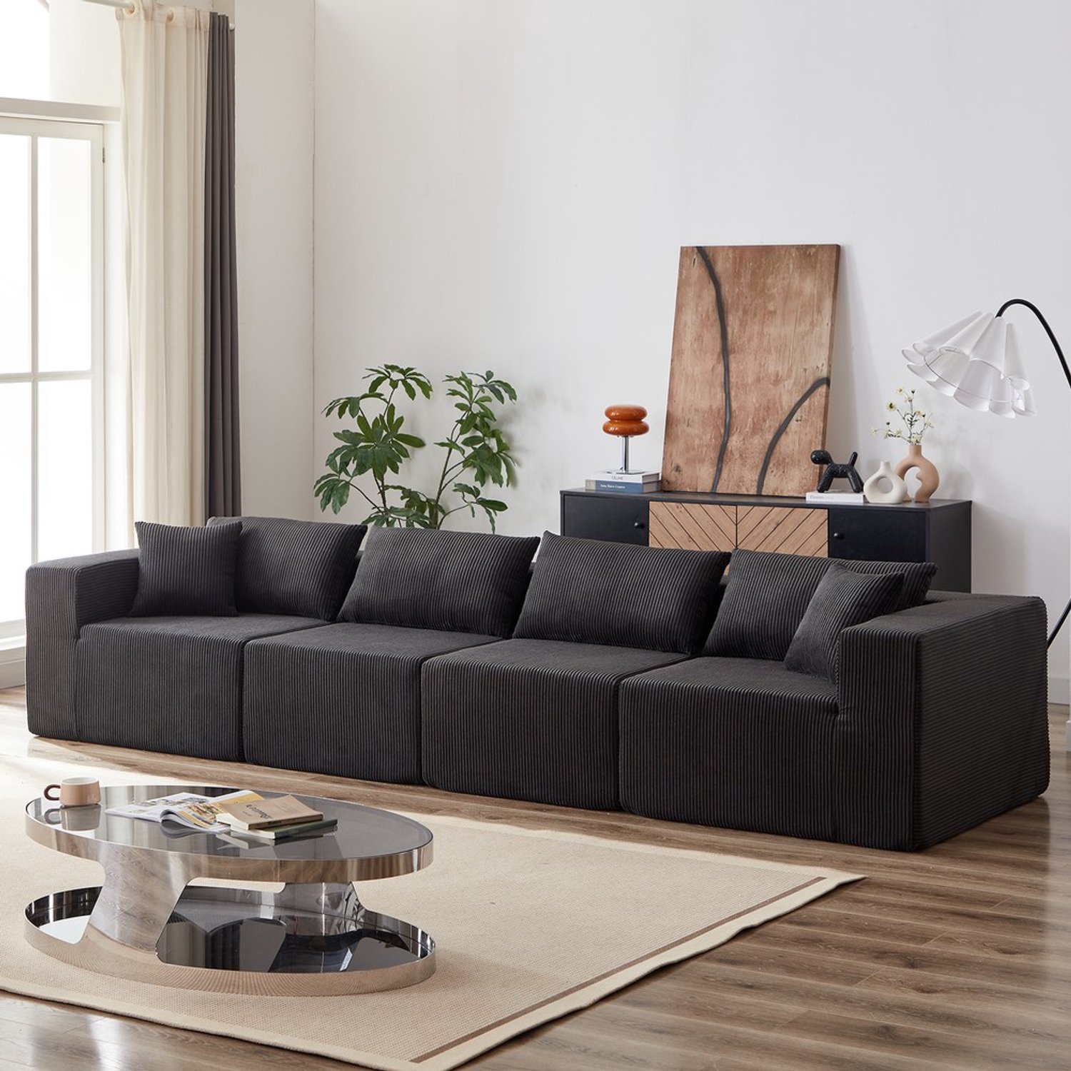 Pugsdrly 104-inch corduroy modulaire L-vormige hoekbank, luxe vloerbankenset, gestoffeerd binnenmeubilair, met schuim gevulde gecomprimeerde bank voor de woonkamer, slaapkamer, 4-delige vrij te combineren set Zwart