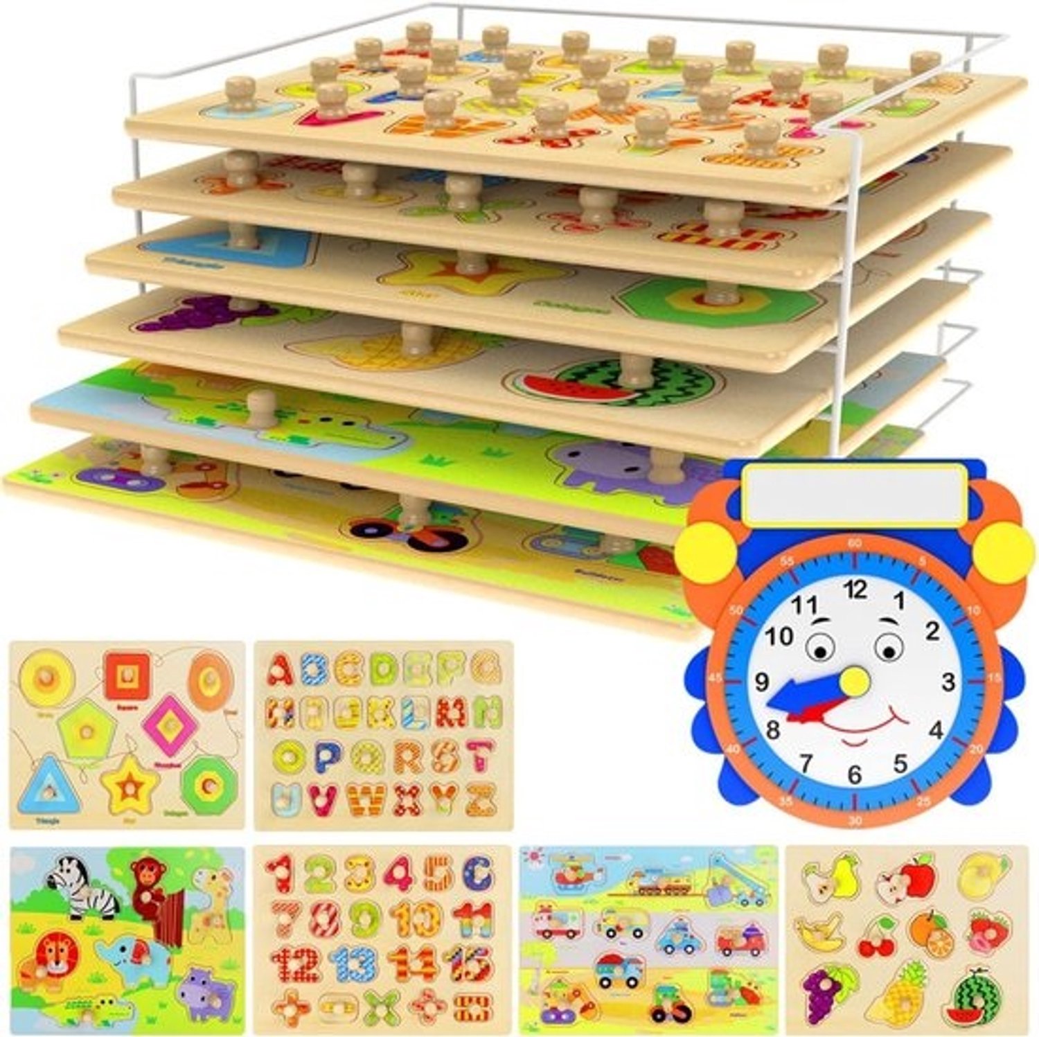 Houten puzzelsets voor peuters - Leerklok, cijfers, alfabet en meer (7 delen)