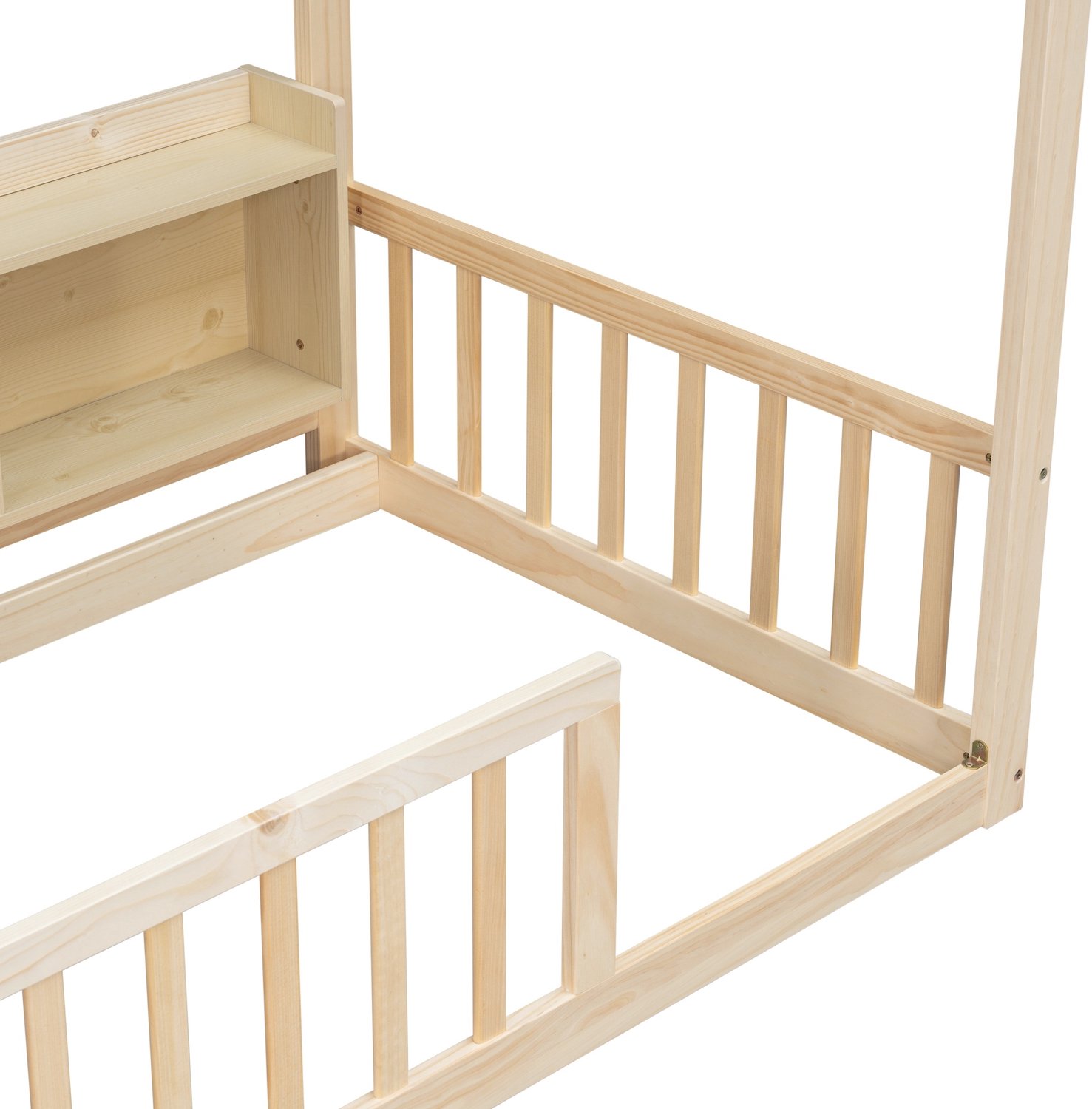 COVREO Huisbed met 4 opbergvakken – 90x200 cm – Kinderbed met veiligheidshek – bodembed met dakframe – Naturel - zonder matras