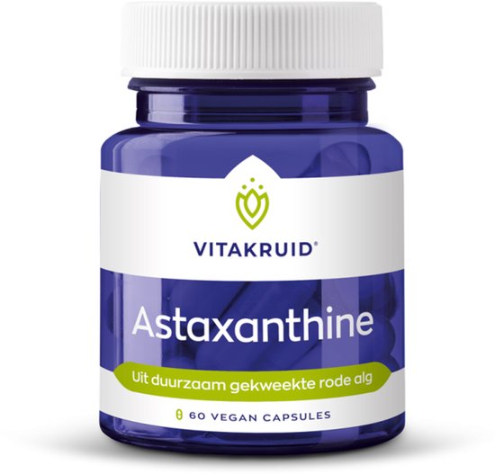 Blauwe pot Vitakruid Astaxanthine supplement met witte dop, 60 vegan capsules van duurzaam gekweekte rode alg.