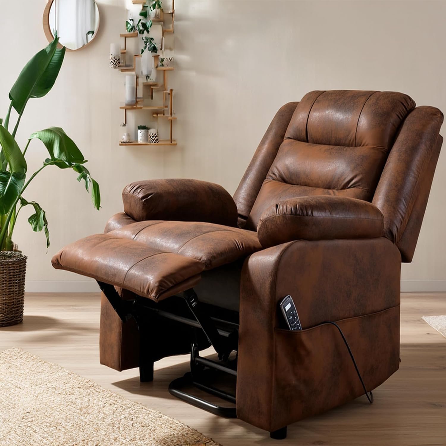 Elektrische Sta-Op Stoel met Massage en Verwarming – Luxe Relaxfauteuil van Flock Leer Bruin (137 x 164 x 92 cm)