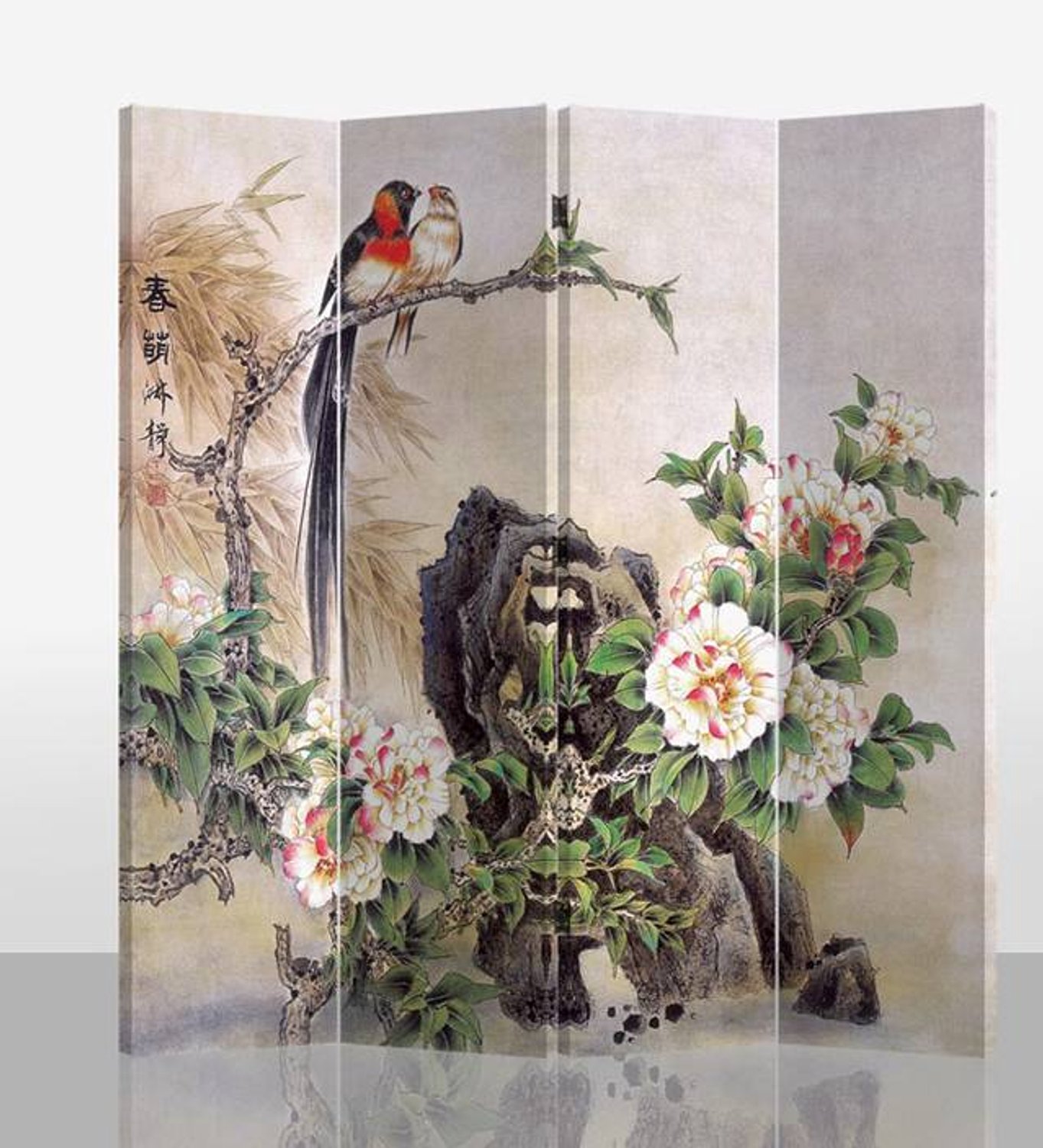 Fine Asianliving Chinees Kamerscherm B160xH180cm 4 Panelen Vogels en Mudan Pioenen Multicolour, Naturel
