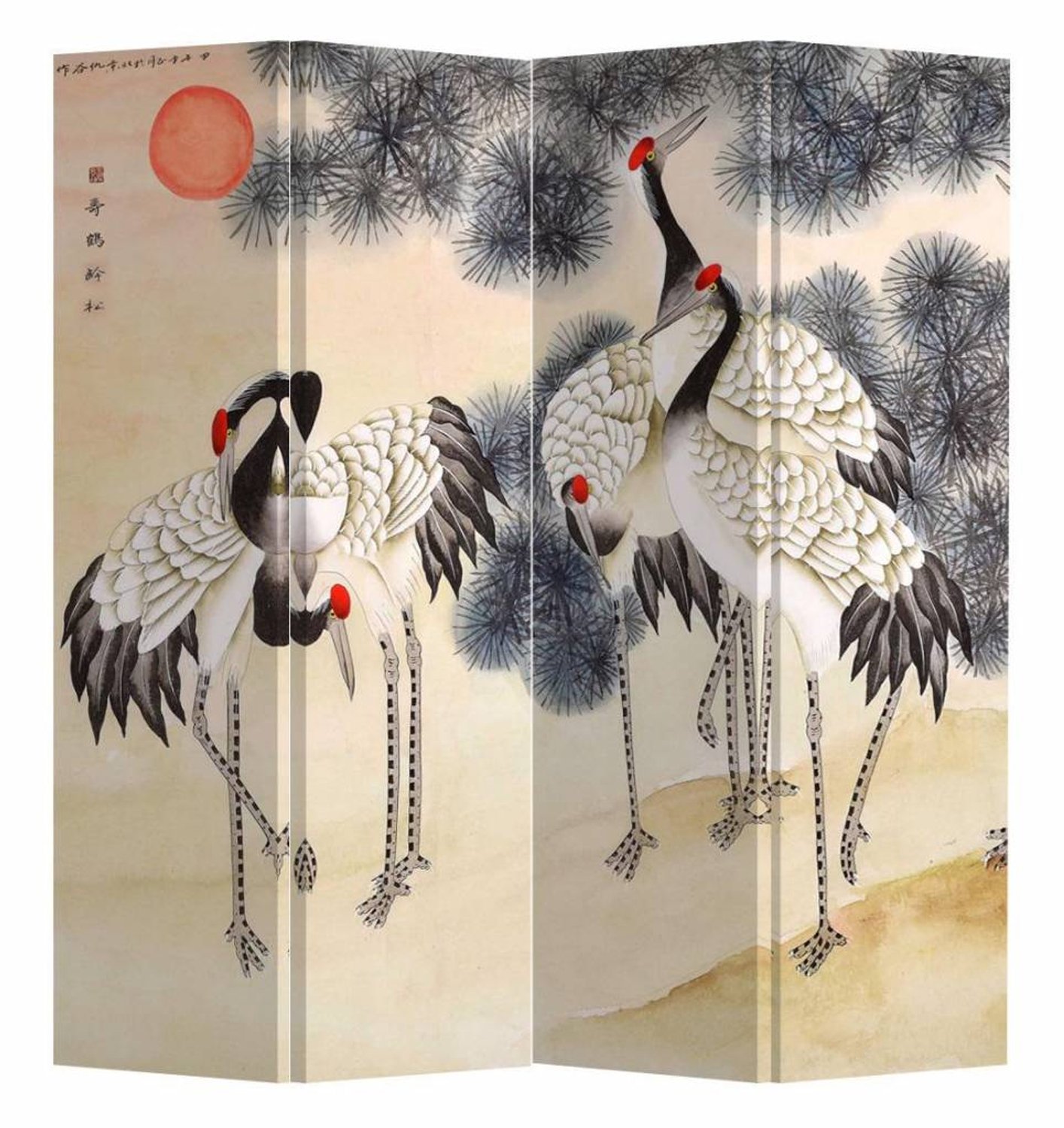 Fine Asianliving Chinees Kamerscherm Oosters Scheidingswand B160xH180cm 4 Panelen Kraanvogels Rijzende Zon Multicolour, Naturel