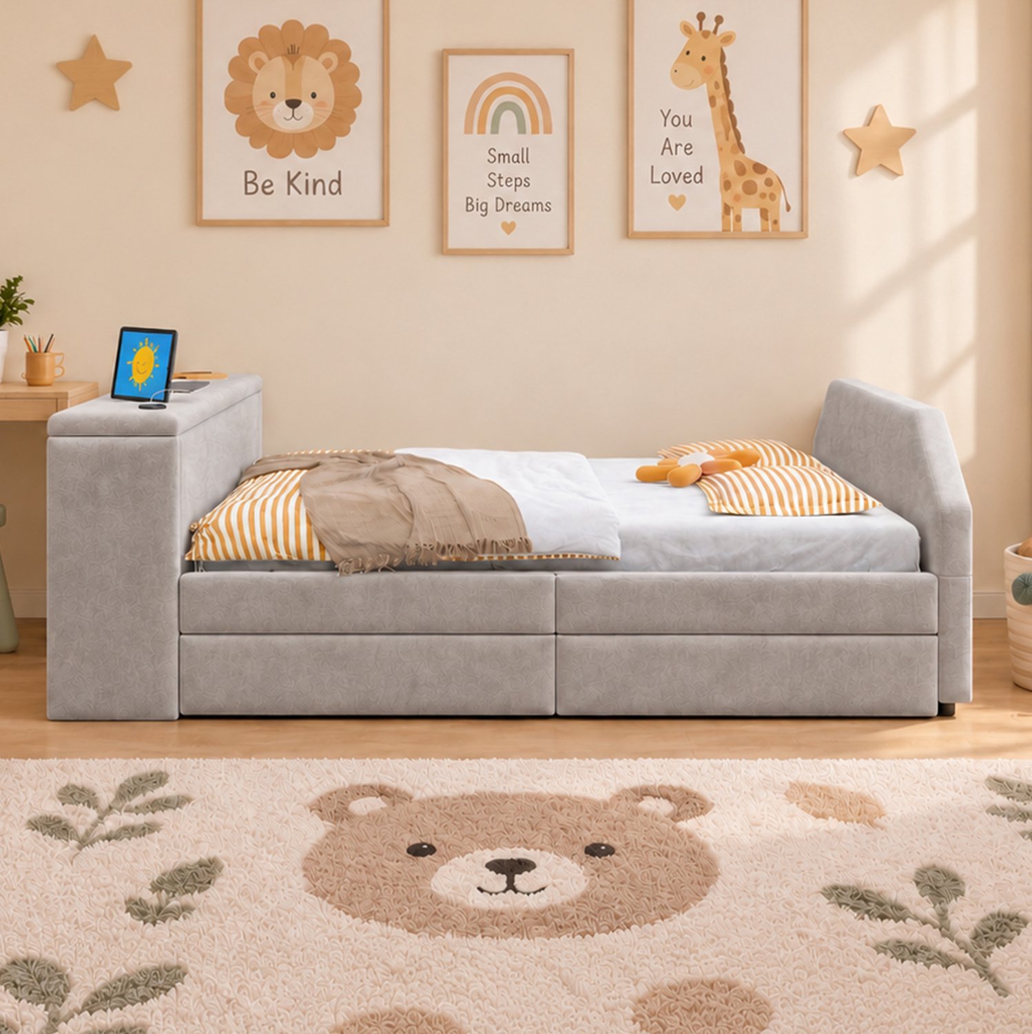 MODENUIT Kinderbed Met Bureau – 90 x 200 cm – Fluweelachtige Stof, Metaal En MDF – Grijs – Uitschuifbed