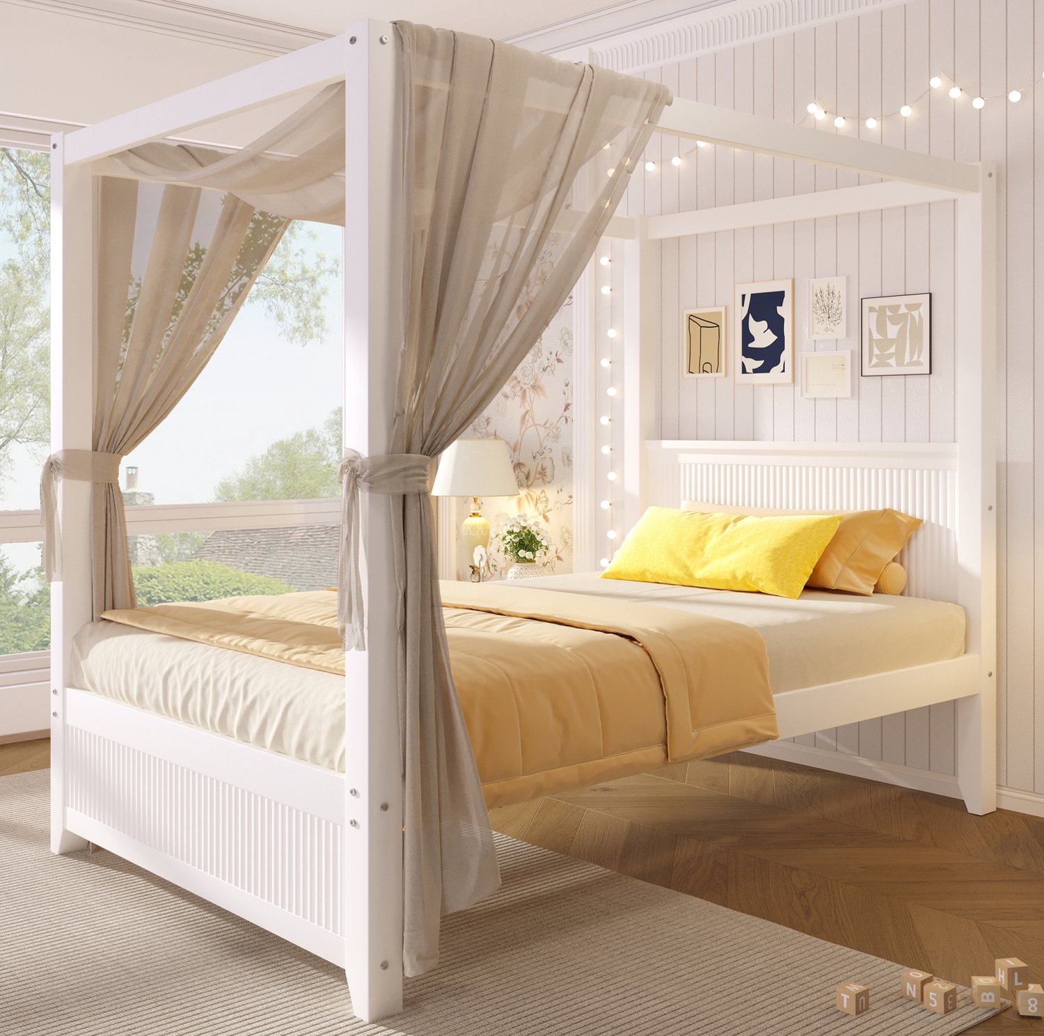 DESMIU Hemelbed 90x200 cm – Open Dakframe Voor Decoratie – Verticale Lamellen – Eenpersoonsbed Kinderkamer – Hout En MDF – Wit – Zonder Matras