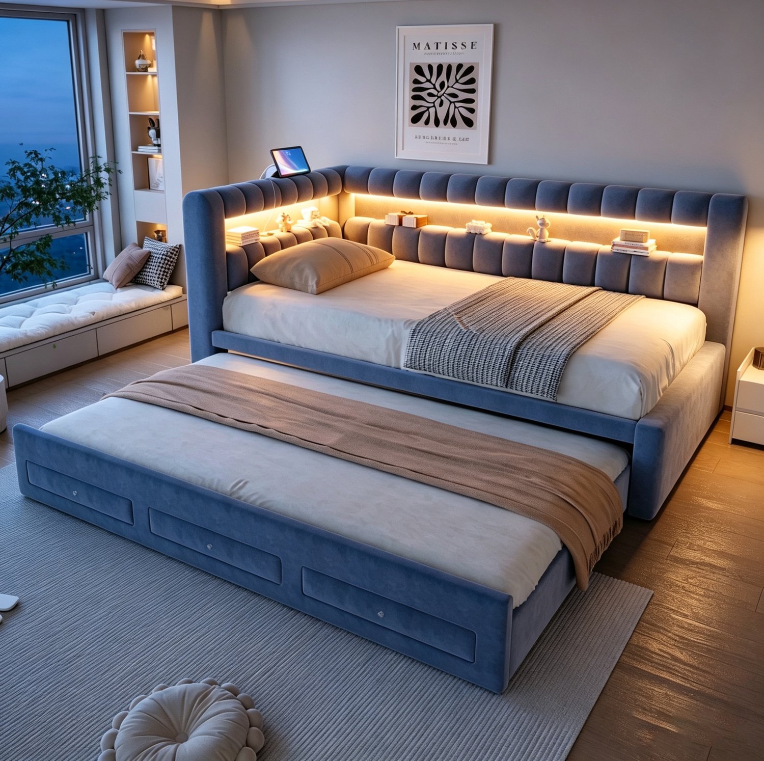 MODENUIT Slaapbank – 90 x 190 cm – Uitschuifbed Met Lades – Fluweel En Metaal – Donkergrijs – Ledverlichting